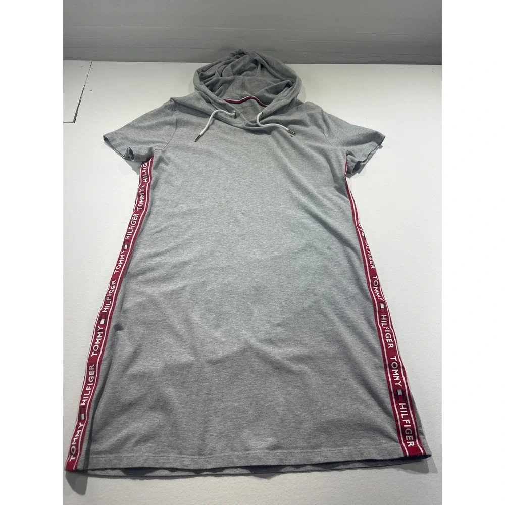 Tommy Hilfiger Womens Gray Short Sleeve Hooded Logo Tape T-Shirt Dress L